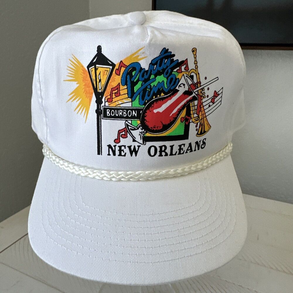 New Orleans Bourbon St Party Time White Adjustable SnapBack Hat Souvenir Vintage